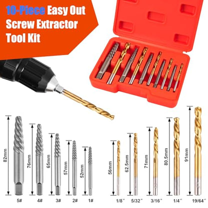10-Piece Screw Extractor & Left-Hand Drill Bit Set, Easy Out Fastener Extractor Kit with Alloy Spiral Flutes - Premium Tool for Easily Removing Stripped, Broken & Rusty Screws, Bolts & Studs