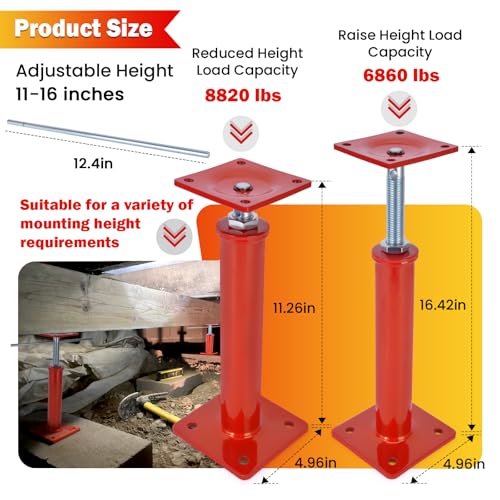 4 Pack House Jacks for Leveling, 11-16 in Crawlspace Support Posts | 4-Pack support set - For crawlspaces, basements, floor joists and beams; includes 4 jack posts and 2 adjustment rods