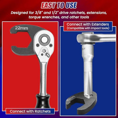 NYXOVA 15pc Crowfoot Wrench Set 1/2” & 3/8” Drive Tool, Metric Crows Foot Wrench Kit 8mm-24mm