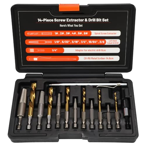 14PCS Spiral Screw Extractor Set with Tungsten Carbide Tip Scriber Pen, Left Hand Drill Bits Set 6542/4341 HSS Steel Cobalt with 1/4'' Adapter, Removing Stripped Screws Bolts - size: Upgarded Kit-14PCS with Tungsten Pen