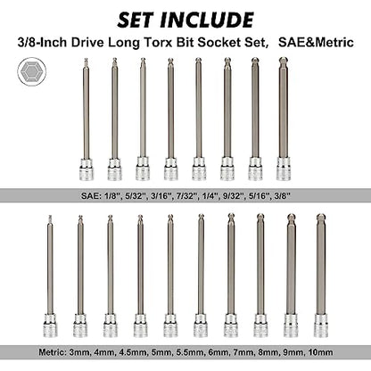 CASOMAN 3/8"Drive Extra Long Ball-End Hex Bit Socket Set, 18 Piece Allen Socket Set, Metric & SAE, 3mm to 10mm, 1/8" to 3/8", CR-V and S2 Steel