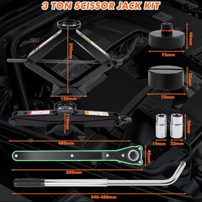 Portable Car Jack Kit, 3 Ton Auto Scissor Jack Kit for Tesla Model Y Model 3/S/X, Tire Repair Kit with 2 Tesla Specific Jack Pads & Lug Wrench, Universal Car Emergency Set for Sedan/SUV/MPV