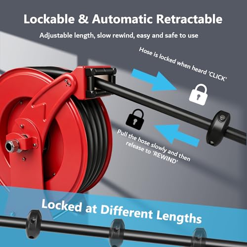 3/4" x 33ft Fuel Hose Reel, Extra Thick Steel, 300PSI Diesel Fuel Transfer Hose, 3/4 Inch Retractable Hose Reel with Fuel Nozzle Working with Pump & Tank - color: Red, size: 3/4" x 33ft