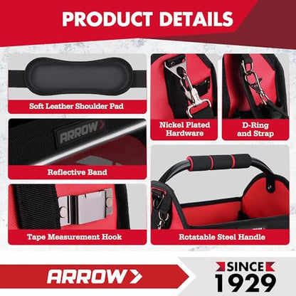 ARROW 12" Tool Tote with Waterproof Hard Base, Electrician Tool Bag | 19 Pockets, 840D Oxford Fabric, Open Top Tool Bag for Plumber Mechanic HVAC Automotive