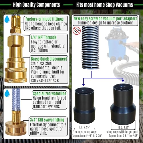 Hi Detail Shop Vac Extractor Kit with Wand and Hose, Adapter Converts Vacuum to carpet & upholstery Extractor for auto detailing & home - size: 25 Ft Waterline, 10 FT Vac Hose