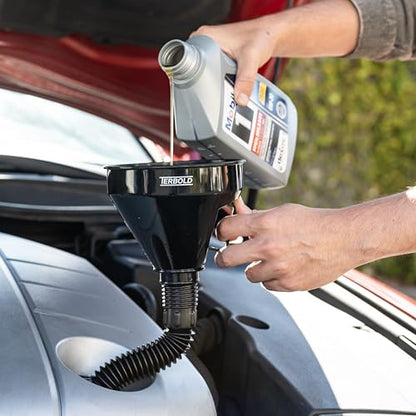 Automotive Flex Funnel with Hose | Wide Mouth Flexible Oil Funnel for Automotive Use - Gas, Transmission Fluid, Car Fuel, Oil Change (Black) - color: Black