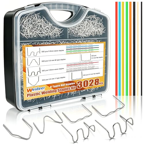 weideer 3028PCS Plastic Welding Staples,Plastic Welder Staples & Welding Rods,8 Types, Auto Bumper Repair Kit,Hot Staples with Portable Toolbox for Car, DIYers,Toy