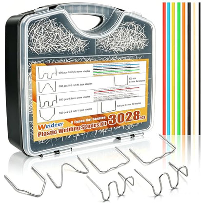 weideer 3028PCS Plastic Welding Staples,Plastic Welder Staples & Welding Rods,8 Types, Auto Bumper Repair Kit,Hot Staples with Portable Toolbox for Car, DIYers,Toy