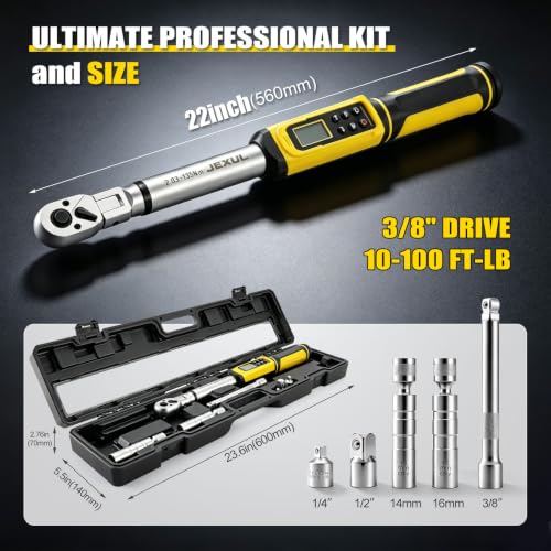 3/8" Drive digital torque wrench with flex head Set (10-100 ft-lb) | Professional Electronic, Buzzer & LED, 14mm/16mm Spark Plug Sockets, Adapters & 2-Stage Extension Bar