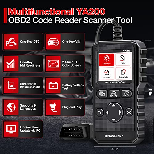 KINGBOLEN YA200 OBD2 Scanner, Car OBD2 Code Reader Check Engine Light, Car Scanner OBDII Full Functions with Voltage Test OBD2 Scanner Diagnostic Tool for All OBDII CAN Protocol Cars Since 1996 | Car Scanner OBDII Full Functions with Voltage Test OBD2 Sca