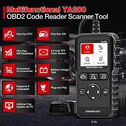 KINGBOLEN YA200 OBD2 Scanner, Car OBD2 Code Reader Check Engine Light, Car Scanner OBDII Full Functions with Voltage Test OBD2 Scanner Diagnostic Tool for All OBDII CAN Protocol Cars Since 1996 | Car Scanner OBDII Full Functions with Voltage Test OBD2 Sca