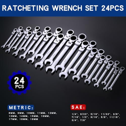 Qnkaa Flexible Ratcheting Wrench Set 24pcs Metric 8-19mm & SAE 1/4” to 7/8“ Inch Flex-Head Spanner Gear Ring Ratchet Combination Wrenches Kit with Pouches