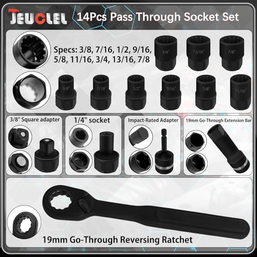 14PCS SAE Pass Through Socket Set, 3/8" Drive Go-Thru Ratchet Kit | SAE Impact, Deep Socket Wrench Adaptor, Reversing Ratchet, Extension Bar, Cr-V Steel, Low Profile, Long Bolts, Tight Spaces - size: 14Pcs Sae