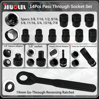 14PCS SAE Pass Through Socket Set, 3/8" Drive Go-Thru Ratchet Kit | SAE Impact, Deep Socket Wrench Adaptor, Reversing Ratchet, Extension Bar, Cr-V Steel, Low Profile, Long Bolts, Tight Spaces - size: 14Pcs Sae