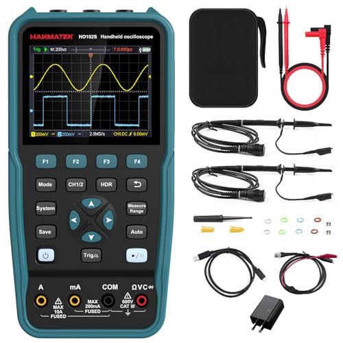 HANMATEK 3 in 1 Handheld Oscilloscope Multimeter 100Mhz Waveform Generator Oscilloscope with 2 Channels 3.5" TFT, HO102S Professional oscilloscope Multimeter with Memory Function - style: 100 Mhz+Generator