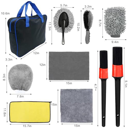 povtii 10PCS Car Wash Kit, Auto Cleaning Tool Set with Brushes, Microfiber Mitts & Towels, Vehicle Interior Exterior Detailing Supplies Kit for SUV Truck, Universal Car Accessories
