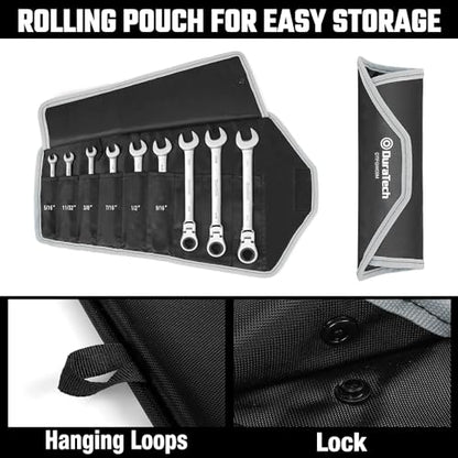 DURATECH 9-Piece Flex-Head Ratcheting Wrench Set, SAE, 5/16" to 3/4" | 5/16", 11/32", 3/8", 7/16", 1/2", 9/16", 5/8", 11/16", 3/4", 72 Tooth, CR-V Steel, Rolling Pouch Included - color: Silver, size: 5/16 - 3/4 inch