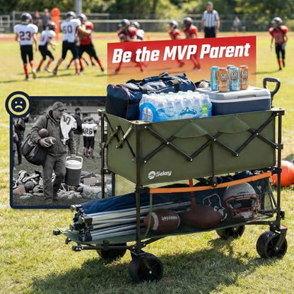 Sekey 500LBS Heavy Duty Double Decker Wagon with Extender, 400L Large Capacity Collapsible Garden Cart Fits 10x10 Canopy, All-Terrain Big Wheels with Brakes, Foldable Utility Wagon for Sports, Camping - color: Army Green