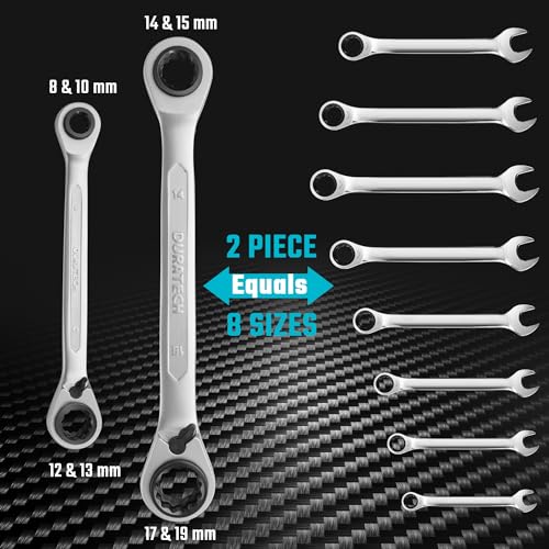 DURATECH 4-in-1 Reversible Ratcheting Box Wrench Set, Metric, 2-Piece | Double Box End, 8mm, 10mm, 12mm, 13mm & 14mm, 15mm, 17mm, 19mm, CR-V Steel, Matte Chrome Plated, Rolling Pouch - style: Regular & Metric