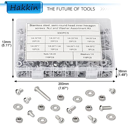 Hakkin 330pcs SAE 1/4-20 UNC Hex Socket Button Head Cap Screw Bolts Flat Washers Nuts Assortment Kit 304 Stainless Steel, 8 Sizes (Length 3/8" to 2"), Machine Screws Set with Storage Case - size: 330PCS 1/4-20 Hex Button Head Cap Screws Silver