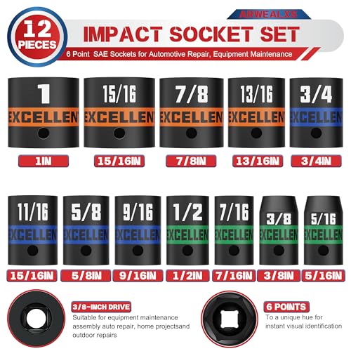 12 Pieces 3/8-Inch Drive Impact Socket Set, 5/16" to 1" Shallow Socket, 6 Point SAE Sockets for Automotive Repair, Equipment Maintenance - size: 3/8 Inch SAE