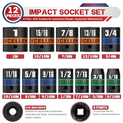 12 Pieces 3/8-Inch Drive Impact Socket Set, 5/16" to 1" Shallow Socket, 6 Point SAE Sockets for Automotive Repair, Equipment Maintenance - size: 3/8 Inch SAE