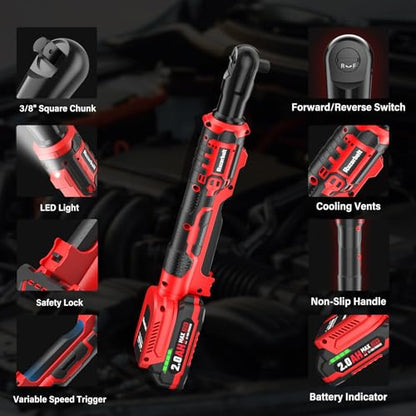 20V Cordless Ratchet Wrench 3/8" Set, 88 Ft-lbs(120N.m), 500 RPM, Electric Ratchet Wrench with 2PCS 2000mAh Batteries, Variable Speed, LED Light, 5 Sockets, 1/2" Adapter, 3" Extension Bar