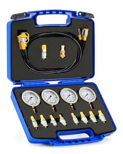 OMT Hydraulic Pressure Test Kit with 4 Gauges Up to 9000 PSI, 9 Couplings | Stainless Steel Dials; Glycerin Shockproof Display; Excavator Maintenance; Heavy Duty Mechanics; 5.2ft Reinforced Tubing - size: 1300 3500 5500 9000 Psi