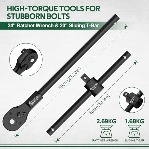 1 Inch Drive Impact Socket Set for Truck, Excavator, 21-55mm,CR-MO | 18 Pcs Metric Heavy Duty Socket Set with 24" Ratchet Wrench, Sliding T-Bar & Extension Bars for Construction Equipment Repair - size: 18 PCS