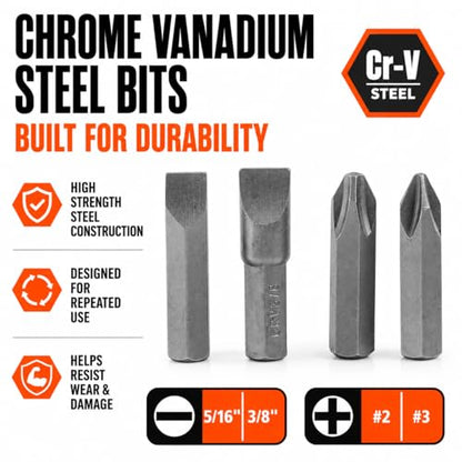 GreatNeck Reversible Manual Impact Driver Set 4 Bits for Rusted Screws | 3/8" Drive Impact Driver Set w/ 4 Drill Bits for Rusted Screws & Stubborn Fasteners, Chrome Vanadium Steel Bits
