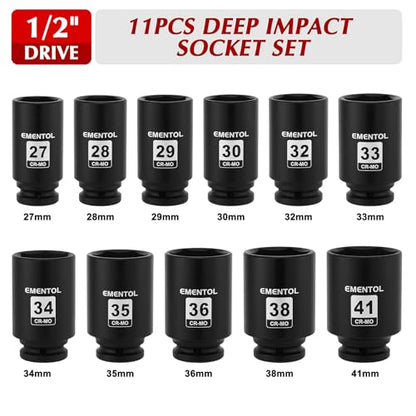 EMENTOL 11PCS 1/2-Inch Drive Spindle Axle Nut Impact Socket Set, CR-MO, 6 Point, Metric, 1/2" Dr. Deep Impact Socket Set, 27mm - 41mm - style: 11PCS (27mm - 41mm)