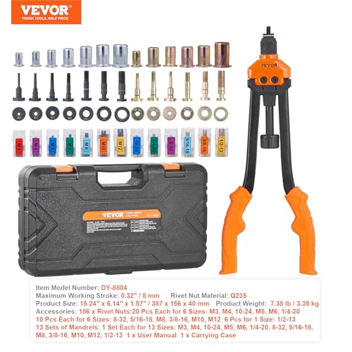 VEVOR 16" Rivet Nut Tool, Labor-Saving Rivnut Tool Kit with 13PCS Metric & SAE Mandrels, 186PCS Rivet Nuts,M3, M4, M5, M6, M8, M10, M12, 1/4-20, 5/16-18, 3/8-16,1/2-13, 8-32, 10-24 with Carrying Case - size: 16", style: RIVET NUT TOOL