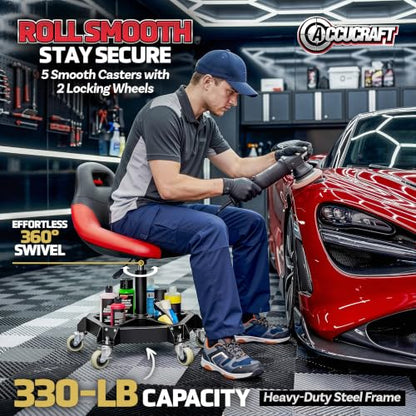 Rolling Stool with Wheels, Shop Stool with Backrest for Garage, Height Adjustable Mechanic Stool, Extra Wide Seat, Class 4 Gas Lift, 330 LB Heavy Duty Rolling Shop Stool with Locking Casters&Tool Tray