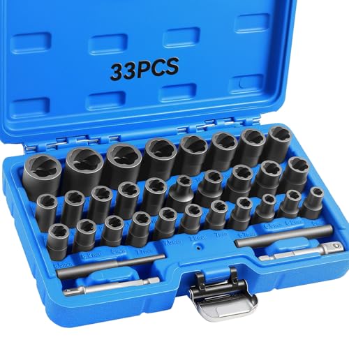 DISEN 33 PCS Bolt Extractor Kit Set, 1/4" & 3/8" Bolt and Nut Remover Set CR-MO Steel Extraction Socket Set with Storage Case Drive Lug Nut Removal Tool for Rusted, Damaged, Round Bolt Nuts Screws