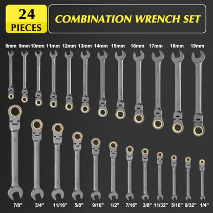 EMENTOL 24-Piece Flex Head Ratcheting Wrench Set, Metric & SAE Combination | 72 Tooth Cr-V Steel 180° Swivel Flexible Ratchet Wrench Kit for Auto, Machinery Repair & Household DIY Maintenance - size: Metric 8-19mm & SAE 1/4"-7/8"