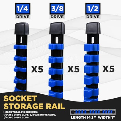 Socket Organizer Set 15PCS ABS Holder Kit - 1/4-Inch x 80, 3/8-Inch x 75, 1/2-Inch x 60 Clips, Drive Tray, Rail - Blue - color: Blue, size: 15PC 1/4x5,3/8x5,1/2x5