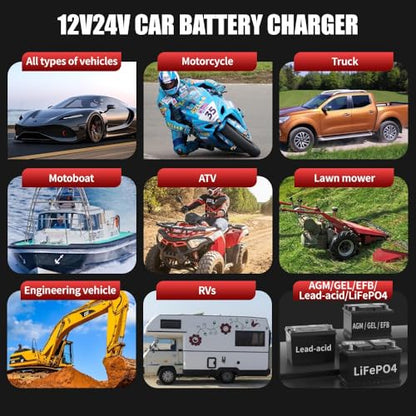 DATOUBOSS 12V 15A 24V 8A Battery Charger Automotive, Smart Portable Car Battery Charger Maintainer with Pulse Repair, Trickle Charger for LiFePO4 Lithium AGM Gel Lead-Acid Marine Boat RV Truck