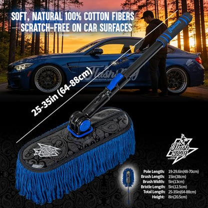 Flash Dog Car Duster Exterior - Wax Treated Cotton & Extendable Handle | Aluminum Alloy Handle Scratch Free Cleaning Brush for Cars, Trucks, SUVs, RVs, Motorcycles | Waterless Dust & Pollen Remover - color: Blue