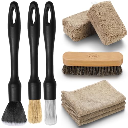 Fantasticlean 9PCS Car Interior Detailing Set, Microfiber Cloth & Applicator, Single-Head Detailing Brushes, Natural Bristles, Scratch-Free & Ultra-Soft for Seats Leather Care or Cleaning - size: IT-ACS01-NT