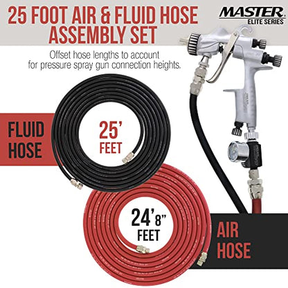 Master Elite Series 25 Foot Air and Fluid Hose Assembly Set with Fittings for Spray Guns, Paint Pressure Pot Tanks, Professional Heavy Duty - Air 3/8" NPS, 5/16" ID & Fluid Hose 1/4" NPS, 1/4" ID - size: 25-Foot Set
