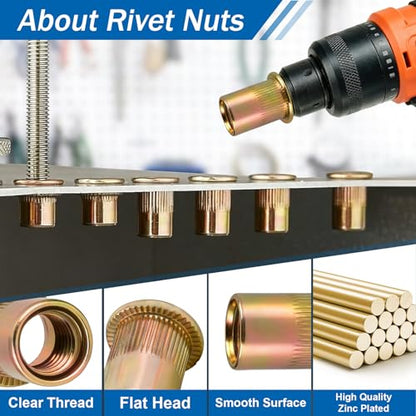 69PCS 3/8"-16 Rivet Nuts Zinc Plated Carbon Steel | 3/8 Rivnuts, Knurled Flat Head nutserts prevent spinning in thin metal, For auto repair & DIY threading without welding - size: 3/8-16 69pcs