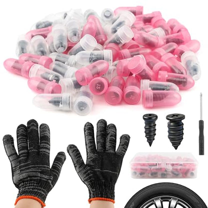 Tire Repair Plugs Kit, Screw In Type, Tubeless Only, Not for Sidewall | Small 0.21 x 0.46 in x30, Large 0.27 x 0.5 in x30, Includes 3.15 in screwdriver gloves case
