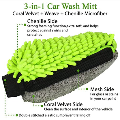 Collapsible Bucket with 3-in-1 Car Wash Mitt, Coral Velvet + Weave + Chenille Microfiber Glove Sponge, 10L (2.6 Gallon) Portable Folding Basin Pail for Household Cleaning