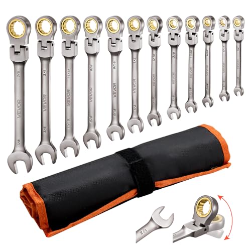 VEVOR Flex-Head Ratcheting Wrench Set, 12-Piece SAE Sizes, 72 Teeth, Cr-V Steel Ratchet Flexible Combination Wrench Set with Roll Up Pouch, for General Household and Automotive Repairs, Gray Nickel - color: Nickel Plating 12pcs, size: SAE