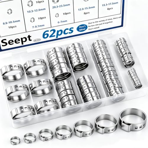62Pcs 7 Sizes 304 Stainless Steel Single Ear Hose Clamps 6-23.5mm Crimp Hose Clamps Assortment Kit Perfect for Automotive/Home Appliance/Water Pipe and Fuel Line - color: Silver, size: 6-23.5mm 62pcs