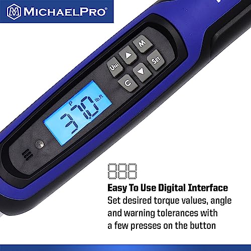 MichaelPro 3/8 Digital Torque Wrench with Angle Function, 10 to 100 ft-lbs (10 to 135 Nm), Target Torque Multi-Alert System, 10 Available Presets | MP001224 (3/8" Drive Fixed Head) - size: 3/8" Drive Fixed Head
