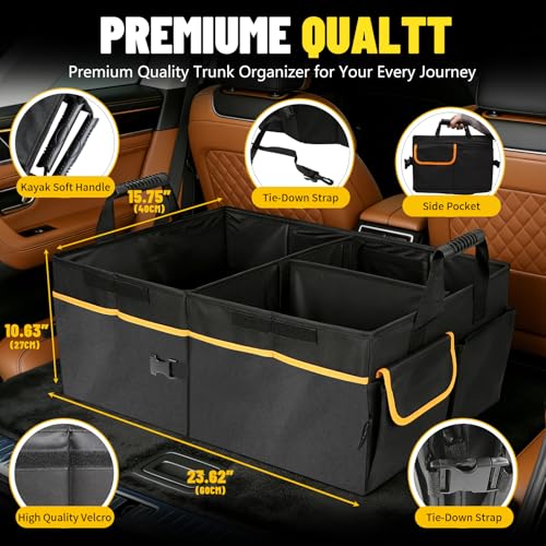 95L Car Trunk Organizer with 2 Tie-Down Straps&2 Removable Dividers|Foldable Cover,Multi-Compartment Collapsible Storage Box for SUV&Sedan&Truck|Non-Slip Bottom,3mm Durable PE Board Construction
