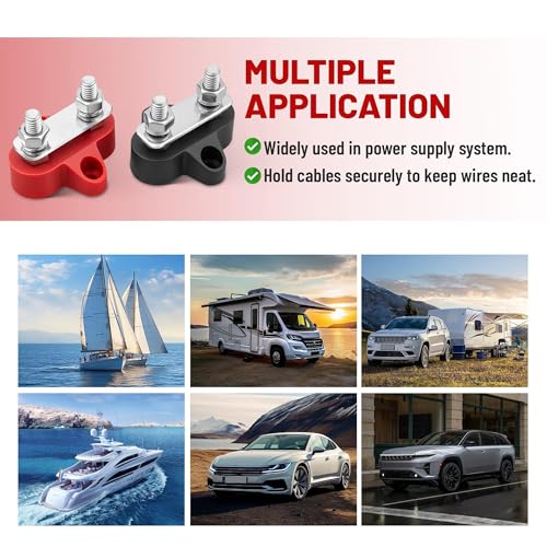 RED WOLF 12V 100A Power Distribution Block 1/4" Dual Stud Busbar M6 Terminal Bus Bar 12 Volt DC Battery Junction Post for Auto Boat Marine Solar System Positive and Negative (2PC) - size: Dual M6 Stud