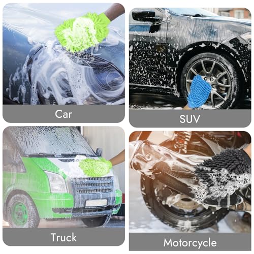 3 Pack Chenille Microfiber Car Wash Mitt, 7" x 9.6", Blue, Green, Grey | Car Washing Mitts, Home Dusting Gloves, Scratch Free Lint-Free, Highly Absorbent, Double Sided, for Cleaning Detailing Polish - color: Blue,green,grey