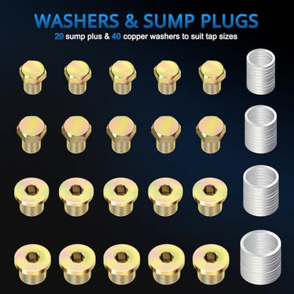 YSTOOL 64pcs Oil Drain Plug Repair Kit in M13 M15 M17 M20 Sizes, Metric Oil Drain Pan Thread Repair Kit, Drain Pan Automotive Rethreading Tools Kit with 4 Taps Asorted Sump Plugs, Copper Washers